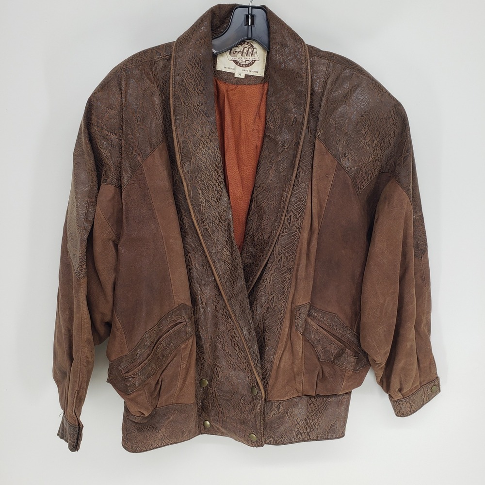 Vintage 80s 90s Snakeskin Embossed Leather Jacket Women Size M Brown Batwing